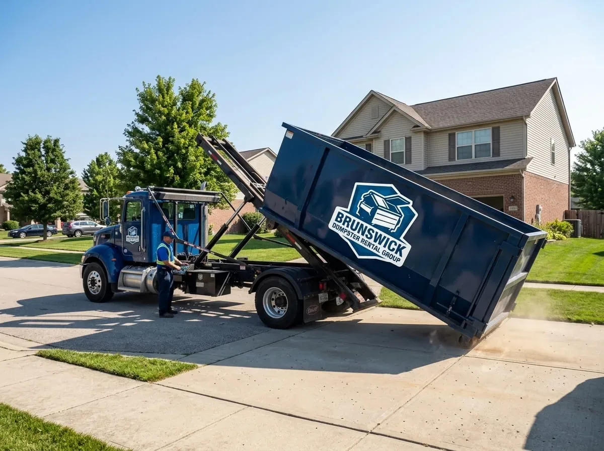 An affordable roll-off dumpster on a residential driveway in Brunswick, GA