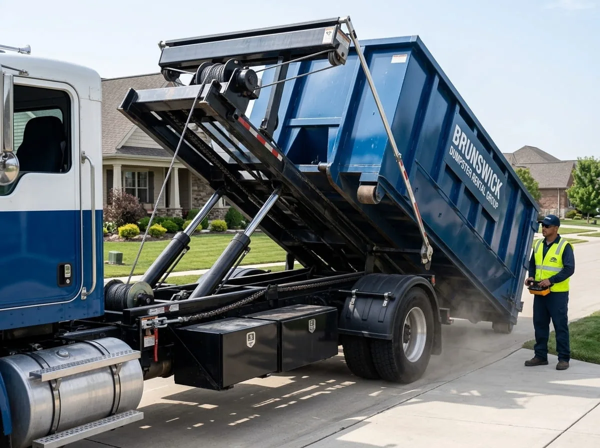 The Brunswick Dumpster Rental Group team beside a delivery truck in Brunswick, GA