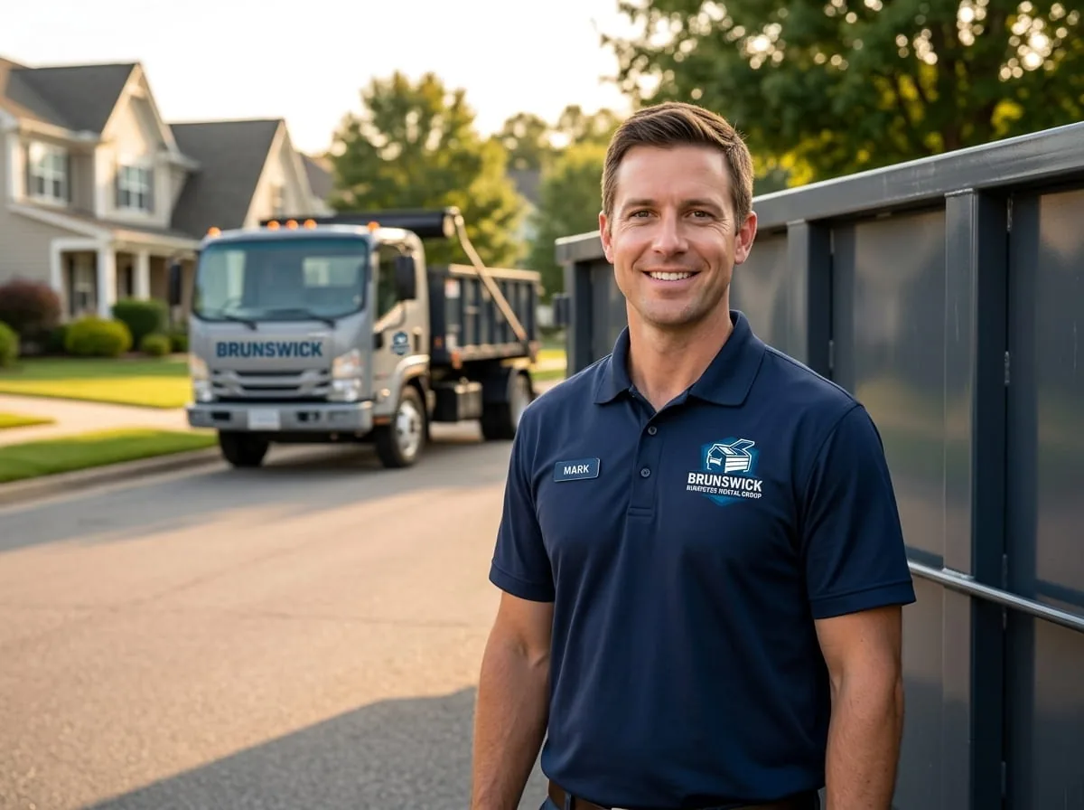 A dumpster staged for a home renovation on a Brunswick, GA driveway