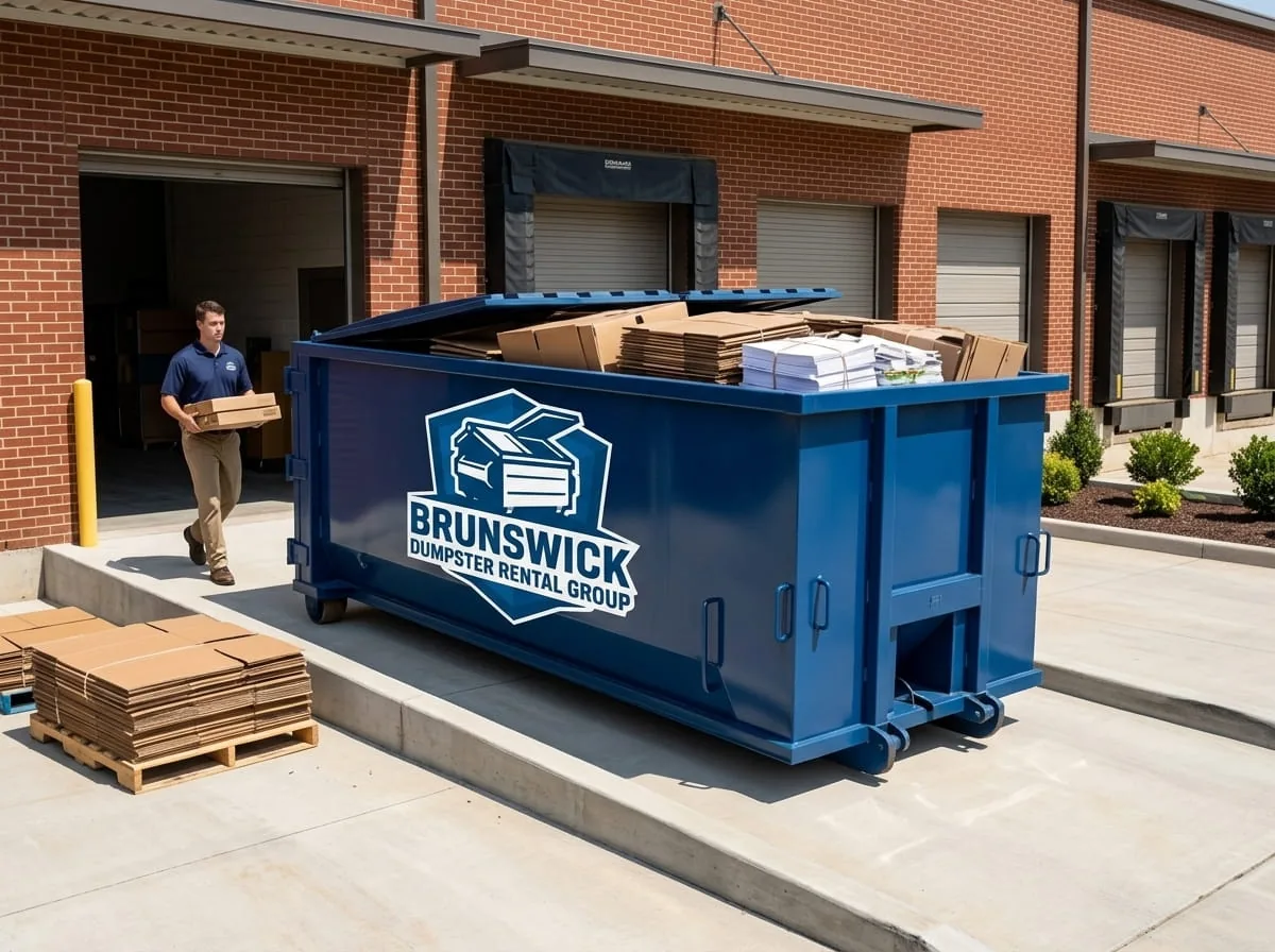 A heavy-duty roll-off dumpster loaded with concrete debris in Brunswick, GA
